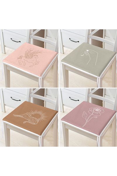 Realhomes 4-Piece Colorful Onedraw Drawing Leaf Patterned Modern Zippered Chair Cushion Set on the Floor
