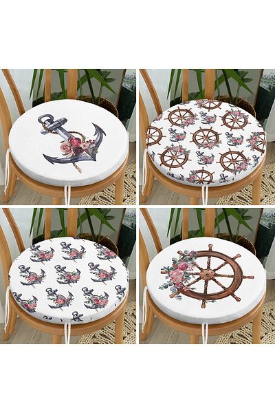 Realhomes 4-Piece Anchor & Rudder Special Designed Digital Printed Modern Round Zippered Chair Cushion Set