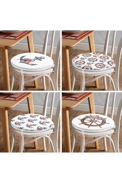 Realhomes 4-Piece Anchor & Rudder Special Designed Digital Printed Modern Round Zippered Chair Cushion Set
