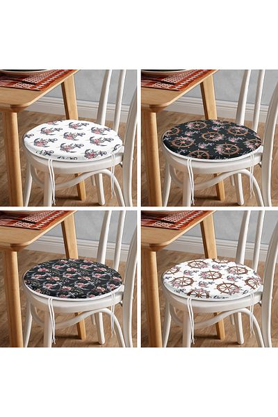 Realhomes 4-Piece Anchor & Rudder Special Designed Digital Printed Modern Round Zippered Chair Cushion Set