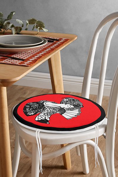 Realhomes Round Zippered Chair Cushion with Gray Japanese Girl Motif on Black and Red Background