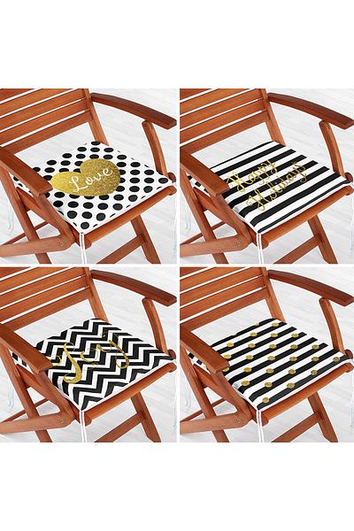 Realhomes 4-Piece Black White Gold Leaf Motifs Digital Printed Zippered Chair Cushion Set