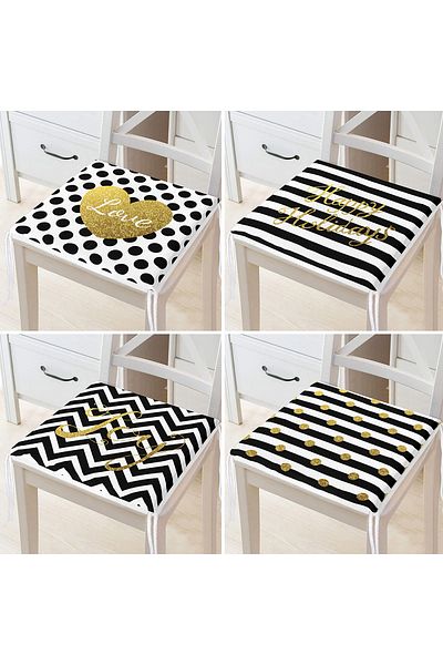 Realhomes 4-Piece Black White Gold Leaf Motifs Digital Printed Zippered Chair Cushion Set