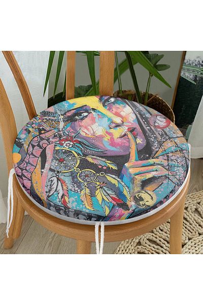 Realhomes Watercolor Feather Motif Colorful Women's Special Design Round Zippered Chair Cushion