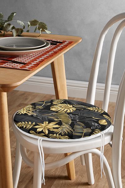 Realhomes Round Zippered Chair Cushion with Gold Leaves Pattern on Black Background
