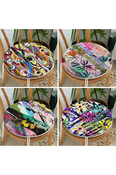 Realhomes Set of 4 Water Color Brush Impact Geometric Patterned Round Zippered Chair Cushions