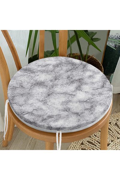 Realhomes Digital Printed Modern Round Zippered Chair Cushion with Black Marble Pattern on White Background