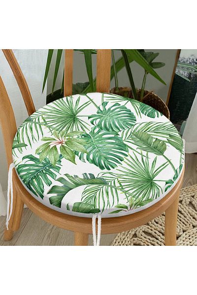 Realhomes Digital Printed Modern Round Zippered Chair Cushion with Green Leaf Pattern on White Background
