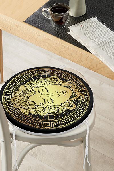Realhomes Custom Design Gold Medusa Round Zippered Chair Cushion on Black Floor