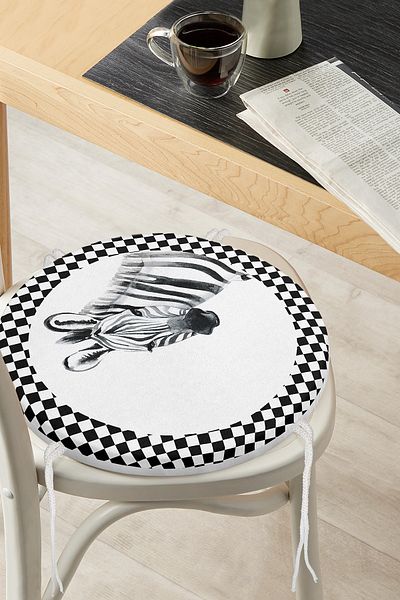 Realhomes Checkered Frame Motif Zebra Patterned Round Zippered Chair Cushion