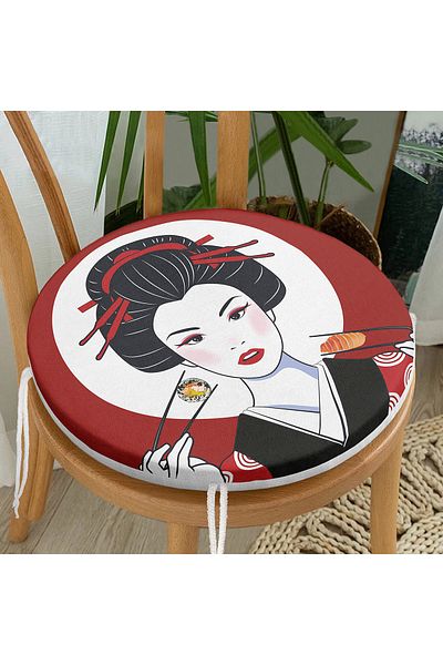 Realhomes Modern Round Zippered Chair Cushion with Japanese Girl Eating Sushi Motif