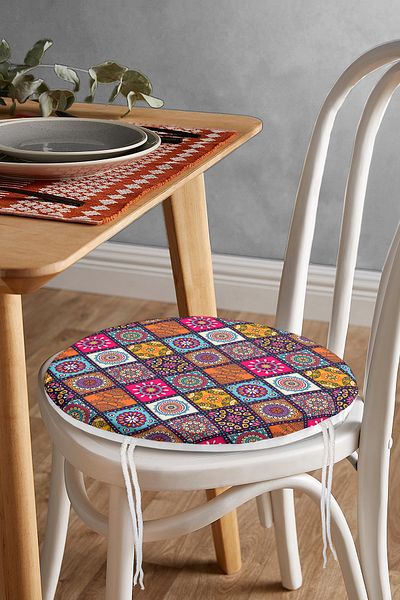 Realhomes Checkered Ethnic Patterned Special Design Modern Round Zippered Chair Cushion