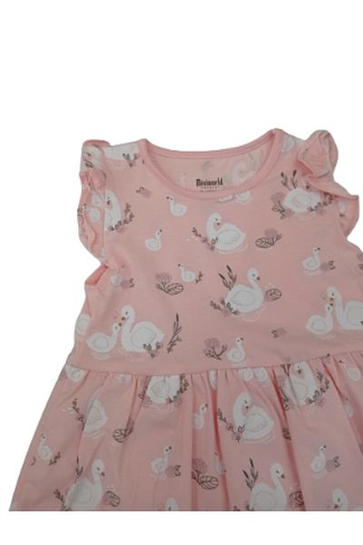 Miniworld Girl's Pink Swan Combed Cotton Dress