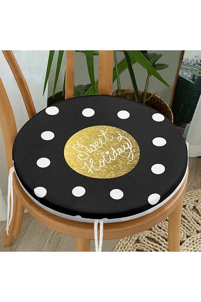 Realhomes Digital Printed Round Zippered Chair Cushion with Sweet Holiday Design on Black Background