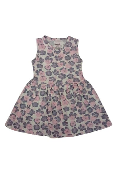 Miniworld Girl's Gray Pink Garden Floral Combed Cotton Dress