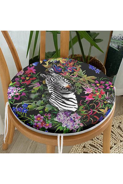 Realhomes Digital Printed Round Zippered Chair Cushion with Amazon Zebra Design on Black Background