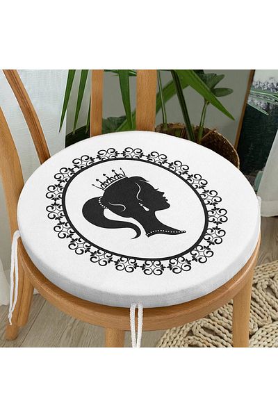 Realhomes Black and White Women's Illustrated Digital Round Zippered Chair Cushion