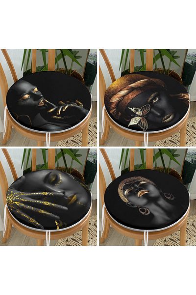 Realhomes African Lady Themed Round Zippered Chair Cushion Set of 4 with Black Background