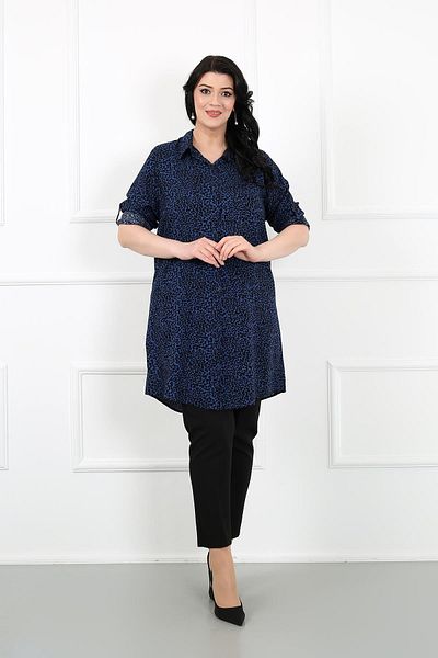 By Alba Collection Plus Size Women's Tunic - Navy Blue Leopard, Cotton Viscose