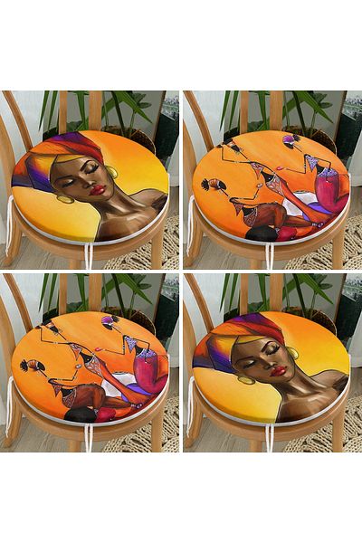 Realhomes Set of 4 African Ladies Motif Round Zippered Chair Cushions