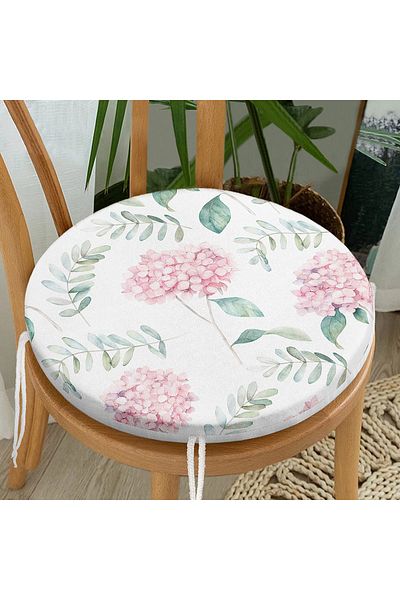 Realhomes Green Leaf Hydrangea Flower Digital Printed Round Zippered Chair Cushion with White Background