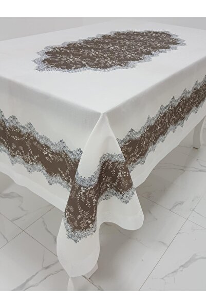 Finezza Meltem Baskılı Keten Kumaş Kreme Kahve Masa Örtüsü 160x220 Cm - 1142
