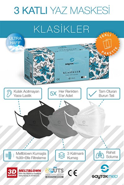 SAYTEKMED Klasikler, Meltblown Filtre, Özel Tasarım Ve Renkler, Tekli Poşet, Uv Steril (1 Kutu/15 Adet)