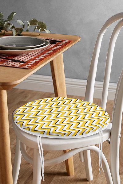 Realhomes Yellow Colored Geometric Patterned Modern Round Zippered Chair Cushion on White Background