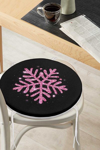 Realhomes Pink Color Snowflake Patterned Digital Printed Round Zippered Chair Cushion with Black Background
