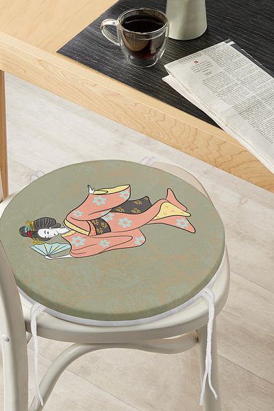 Realhomes Traditional Japanese Female Figure Digital Printed Special Design Round Zippered Chair Cushion