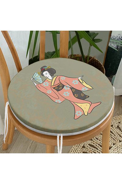 Realhomes Traditional Japanese Female Figure Digital Printed Special Design Round Zippered Chair Cushion