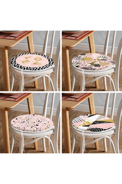 Realhomes 4-Piece Colorful Gold Detailed Leaf Patterned Modern Round Zippered Chair Cushion Set on the Floor