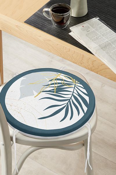 Realhomes Digital Printed Round Zippered Chair Cushion with Onedraw Drawing Leaf Pattern on White Background