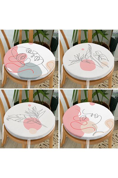 Realhomes 4-Piece Special Design Round Zippered Chair Cushion with Botanical Portrait Drawing on White Background