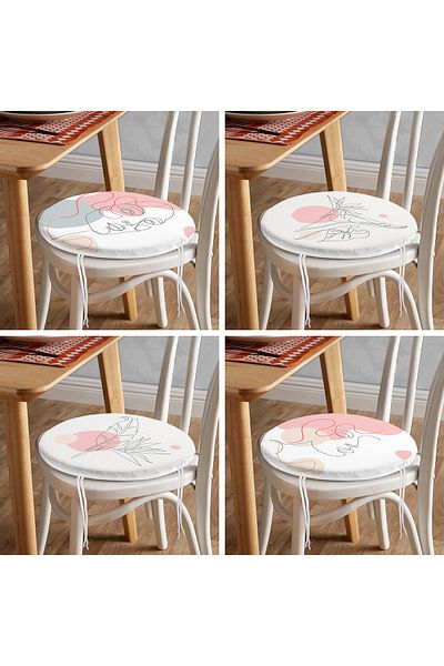 Realhomes 4-Piece Special Design Round Zippered Chair Cushion with Botanical Portrait Drawing on White Background