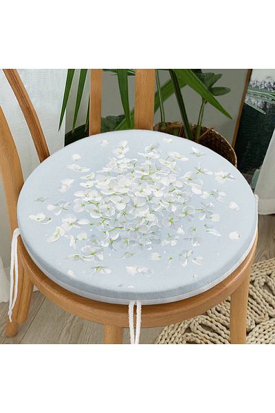 Realhomes White Hydrangea Flower Patterned Digital Printed Round Zippered Chair Cushion with Colorful Background
