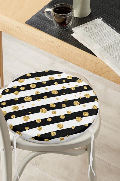 Realhomes Black Striped Gold Detailed Polka Dot Modern Round Zippered Chair Cushion on White Background