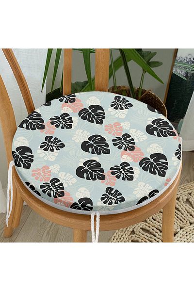 Realhomes Digital Printed Modern Round Zippered Chair Cushion with Black Leaf Pattern on Colorful Background