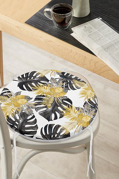 Realhomes Modern Round Zippered Chair Cushion with Gold Detail and Black Leaf Pattern on White Background