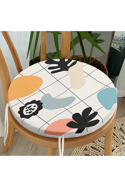 Realhomes Modern Round Zippered Chair Cushion with Onedraw Drawing Leaf Motif on Colorful Background
