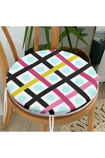 Realhomes Modern Round Zippered Chair Cushion with Modern Colorful Striped Polka Dot Pattern on White Background