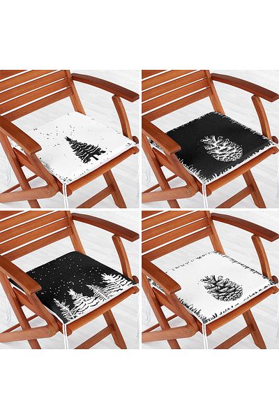 Realhomes 4-Piece Black White Pine Tree & Cone Design Digital Printed Zippered Chair Cushion Set