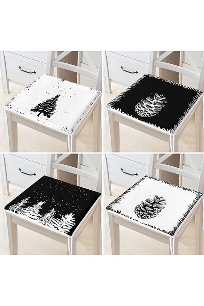 Realhomes 4-Piece Black White Pine Tree & Cone Design Digital Printed Zippered Chair Cushion Set