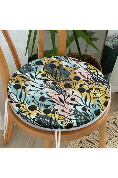 Realhomes Pastel Colored Flower Patterned Digital Printed Modern Round Zippered Chair Cushion on White Background
