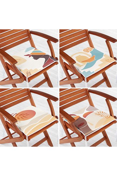 Realhomes Set of 4 Colorful African Women's Patterned Modern Zippered Chair Cushions with Onedraw Drawing on the Floor