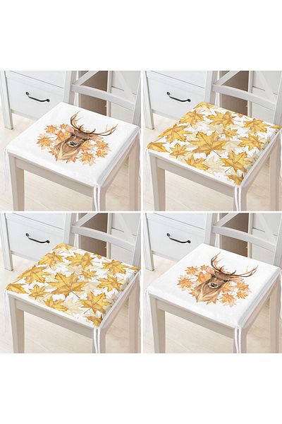 Realhomes 4-Piece Dried Autumn Leaves & Deer Design Digital Printed Zippered Chair Cushion Set