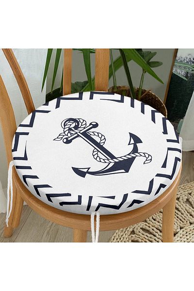Realhomes Modern Round Zippered Chair Cushion with Geometric Drawings and Anchor Pattern on White Background