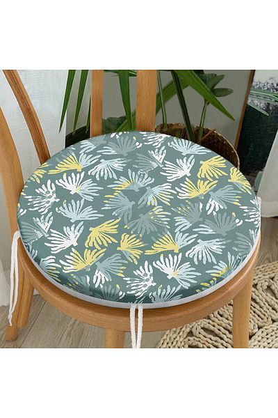 Realhomes Modern Round Zippered Chair Cushion with Onedraw Drawing Leaf Motif on Colorful Background