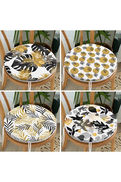 Realhomes 4-Piece Gold Detailed Leaf Patterned Modern Round Zippered Chair Cushion Set on White Background