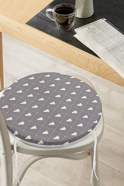 Realhomes Gold Polka Dot Pine Tree Patterned Digital Printed Round Zippered Chair Cushion on Gray Background